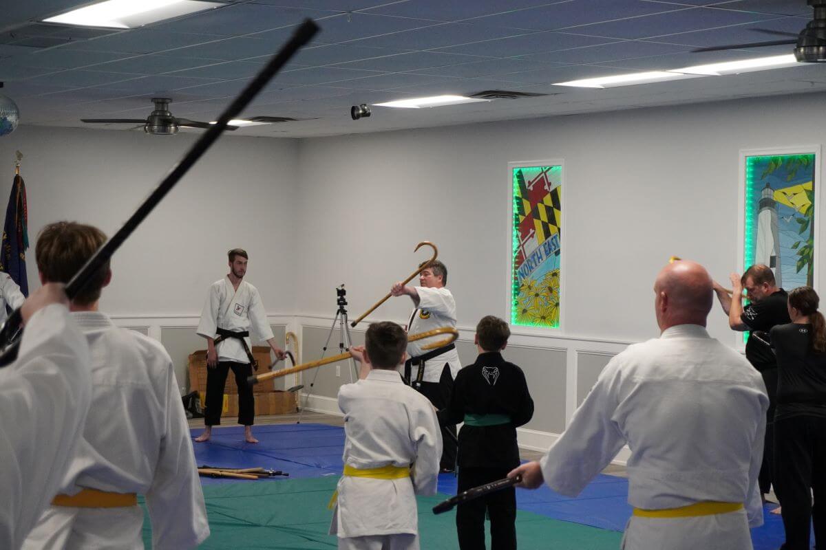 Sensei Thomas Dineen (center back) demonstrating the ability to move with the cane in ones hand.