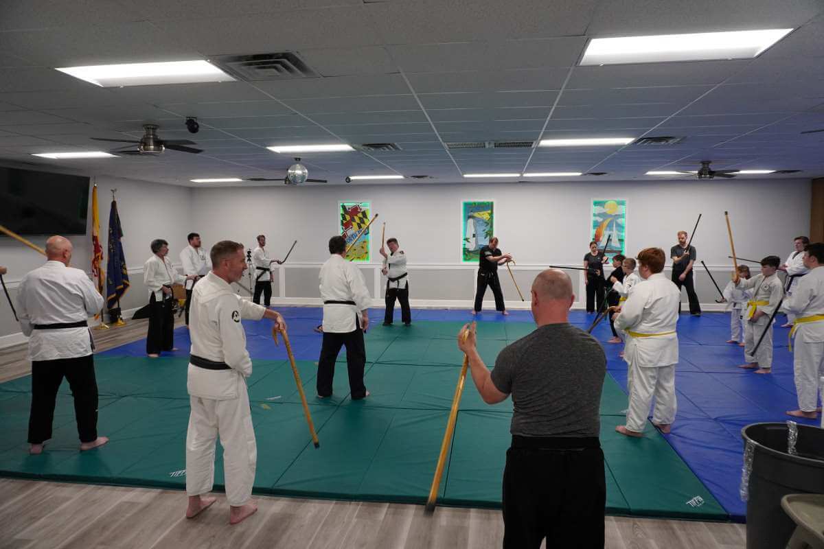 Sensei Thomas Dineen (center) demonstrating the use of the crook of the cane in hand movements.